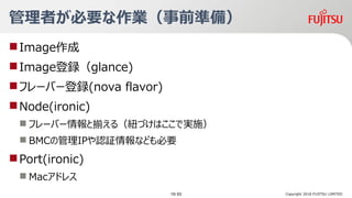 ߤҪIǰʂ䣩
?Image
?Imagehglance)
?ե`Щ`h(nova flavor)
?Node(ironic)
? ե`Щ`ȓB루~ŤϤǌgʩ
? BMCιIPJ^ʤɤҪ
?Port(ironic)
? Macɥ쥹
Copyright 2018 FUJITSU LIMITED15/ 63
 