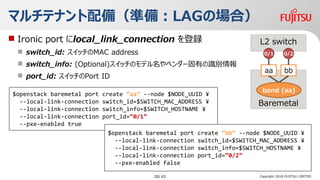 Copyright 2018 FUJITSU LIMITED
ޥƥʥ䣨ʂ䣺LAGΈϣ
$openstack baremetal port create aa --node $NODE_UUID ?
--local-link-connection switch_id=$SWITCH_MAC_ADDRESS ?
--local-link-connection switch_info=$SWITCH_HOSTNAME ?
--local-link-connection port_id=0/1
--pxe-enabled true
L2 switch
Baremetal
aa
0/1
? Ironic port local_link_connection h
? switch_id: åMAC address
? switch_info: (Optional)åΥǥ٥`ФRe
? port_id: åPort ID
bb
0/2
$openstack baremetal port create bb --node $NODE_UUID ?
--local-link-connection switch_id=$SWITCH_MAC_ADDRESS ?
--local-link-connection switch_info=$SWITCH_HOSTNAME ?
--local-link-connection port_id=0/2
--pxe-enabled false
bond (aa)
28/ 63
 