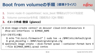 Boot from volume혣˜ʥɥ饤У
1. Ironic node  capabilities iscsi_boot 󤪤ӥɥ饤ФO
2. Volume connectorɣӾAȤ IQN 
3. `?hglance
4. Cinderܥ`
5. 󥹥
Copyright 2018 FUJITSU LIMITED
$ disk-image-create centos7 vm devuser cloud-init-datasources ?
dhcp-all-interfaces -o $IMAGE_NAME
(`ޥ)
$ echo rd.iscsi.firmware=1 | sudo tee Ca /$MNT/etc/default/grub
$ grub_mkconfig > /$MNT/boot/grub2/grub.cfg
$ openstack image create --disk-format qcow2 --container-format bare ?
--file ${IMAGE_NAME}.qcow2 centos
49/ 63
 