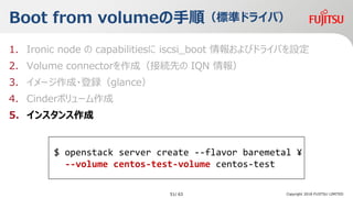 Boot from volume혣˜ʥɥ饤У
1. Ironic node  capabilities iscsi_boot 󤪤ӥɥ饤ФO
2. Volume connectorɣӾAȤ IQN 
3. `?hglance
4. Cinderܥ`
5. 󥹥
Copyright 2018 FUJITSU LIMITED
$ openstack server create --flavor baremetal ?
--volume centos-test-volume centos-test
51/ 63
 