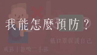 戒菸 拒吸二手菸
戴口罩保護自己
我能怎麼預防？
 