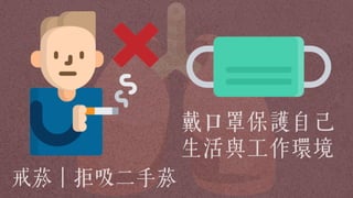 戒菸 拒吸二手菸
戴口罩保護自己
生活與工作環境
 
