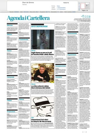 16/02/18Diari de Girona
Gerona
Prensa: Diaria
Tirada: 7.199 Ejemplares
Difusión: 5.174 Ejemplares
Página: 38
Sección: AGENDA Valor: 1.851,00 € Área (cm2): 832,7 Ocupación: 98,17 % Documento: 1/1 Autor: Núm. Lectores: 22000
Cód:116174548
18 / 49
 