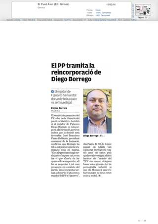 16/02/18El Punt Avui (Ed. Girona)
Gerona
Prensa: Diaria
Tirada: 10.463 Ejemplares
Difusión: 8.653 Ejemplares
Página: 32
Sección: LOCAL Valor: 700,00 € Área (cm2): 122,5 Ocupación: 14,27 % Documento: 1/1 Autor: Esteve Carrera FIGUERES Núm. Lectores: 34612
Cód:116167425
32 / 49
 