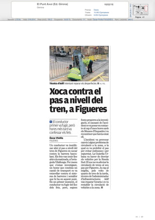 16/02/18El Punt Avui (Ed. Girona)
Gerona
Prensa: Diaria
Tirada: 10.463 Ejemplares
Difusión: 8.653 Ejemplares
Página: 41
Sección: LOCAL Valor: 816,00 € Área (cm2): 160,2 Ocupación: 16,63 % Documento: 1/1 Autor: Òscar Pinilla FIGUERES Núm. Lectores: 34612
Cód:116167445
34 / 49
 