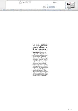 16/02/18La Vanguardia -Vivir
España
Prensa: Diaria
Tirada: 78.195 Ejemplares
Difusión: 62.898 Ejemplares
Página: 4
ección: LOCAL Valor: 1.161,00 € Área (cm2): 36,6 Ocupación: 3,71 % Documento: 1/1 Autor: FIGUERES wUn camión se empotró la madrug Núm. Lectores: 572000
Cód:116173346
42 / 49
 