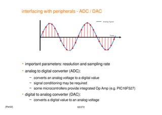 63/272
interfacing with peripherals - ADC / DAC
 important parameters: resolution and sampling rate
 analog to digital c...