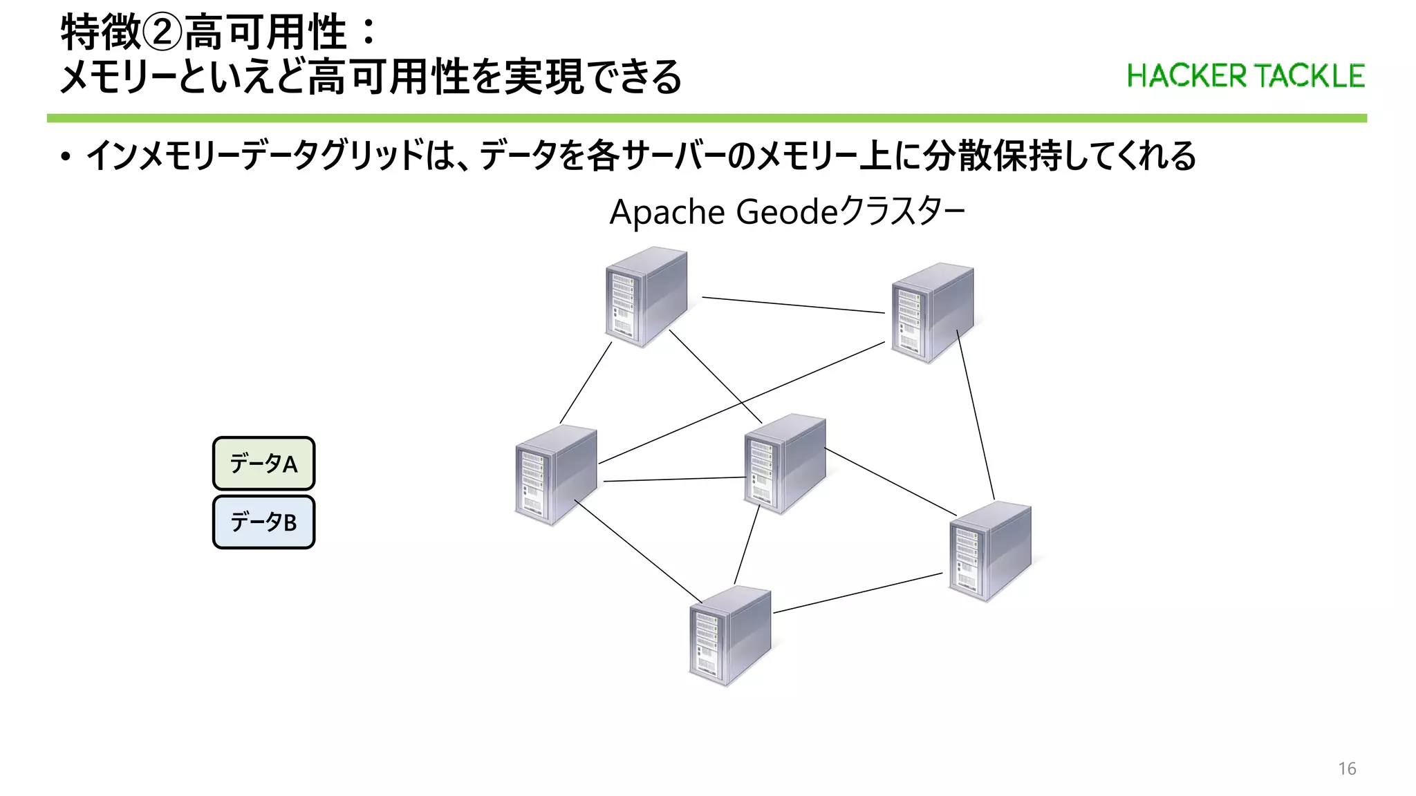 特徴②高可用性：
メモリーといえど高可用性を実現できる
• インメモリーデータグリッドは、データを各サーバーのメモリー上に分散保持してくれる
データB
コピー
Apache Geodeクラスター
データA
コピー
データA
データB
16
 
