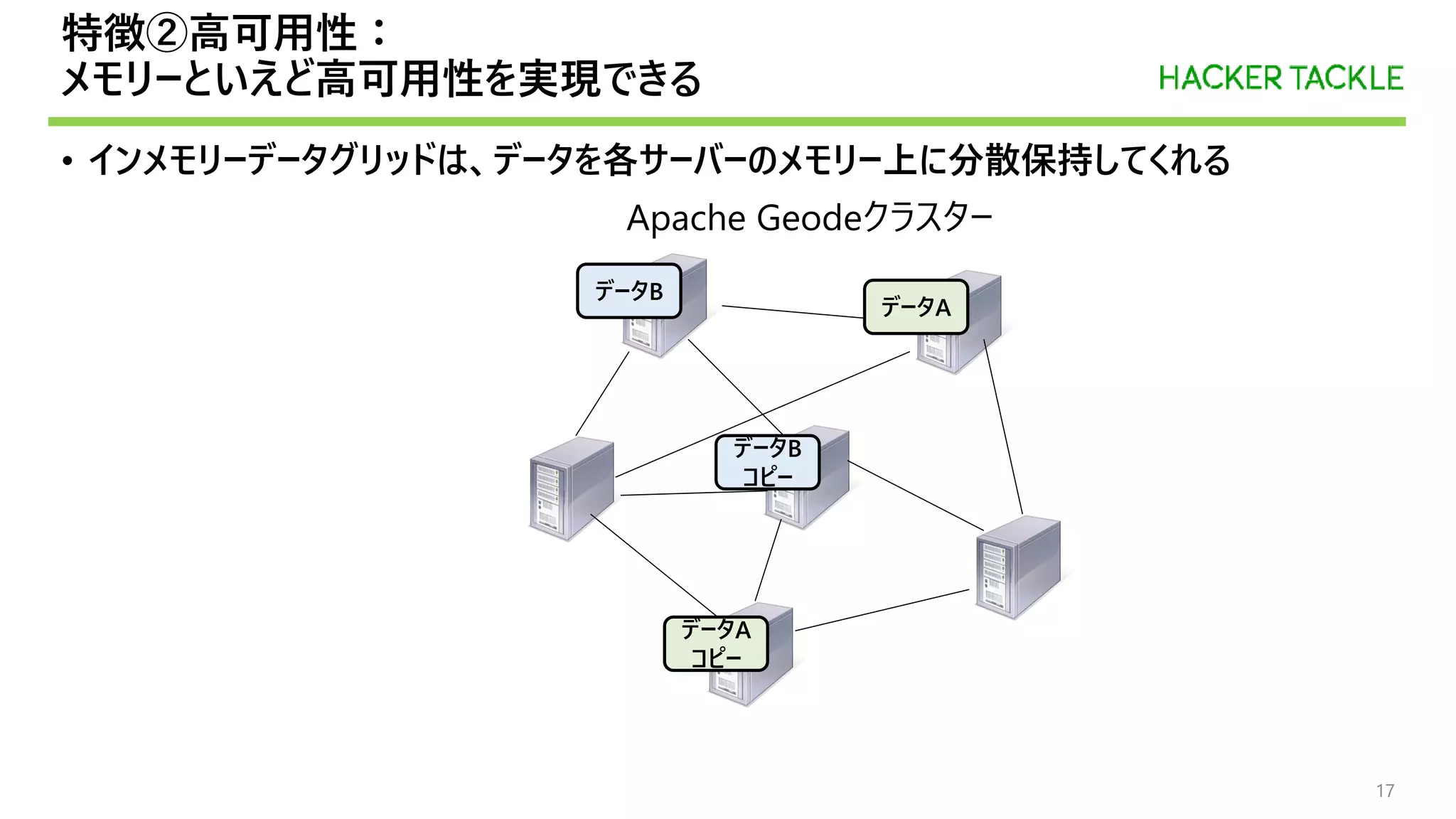 特徴②高可用性：
メモリーといえど高可用性を実現できる
• インメモリーデータグリッドは、データを各サーバーのメモリー上に分散保持してくれる
データB
コピー
Apache Geodeクラスター
データA
コピー
データA
データB
17
 