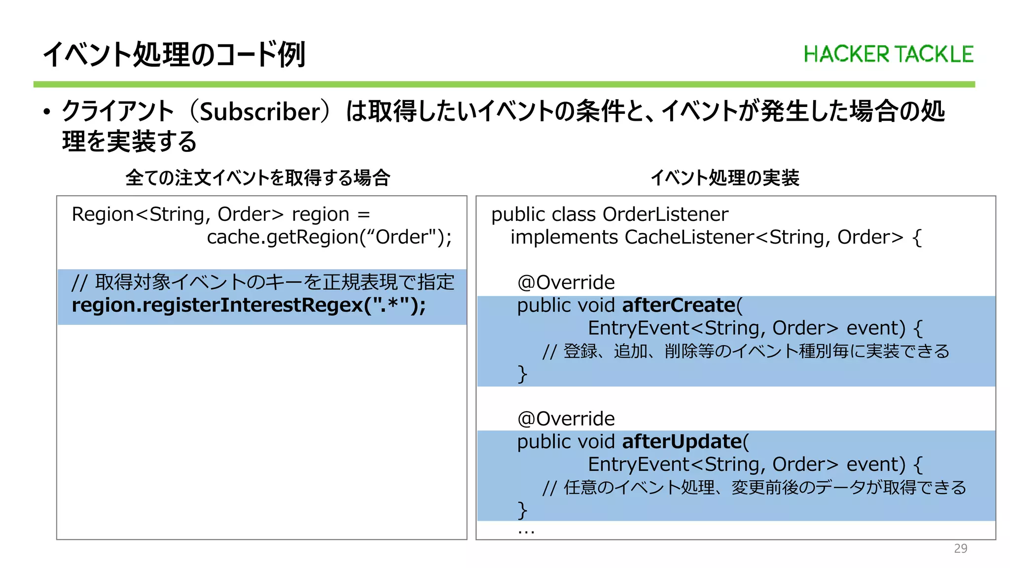 イベント処理のコード例
• クライアント（Subscriber）は取得したいイベントの条件と、イベントが発生した場合の処
理を実装する
29
Region<String, Order> region =
cache.getRegion(“Order");
// 取得対象イベントのキーを正規表現で指定
region.registerInterestRegex(".*");
public class OrderListener
implements CacheListener<String, Order> {
@Override
public void afterCreate(
EntryEvent<String, Order> event) {
// 登録、追加、削除等のイベント種別毎に実装できる
}
@Override
public void afterUpdate(
EntryEvent<String, Order> event) {
// 任意のイベント処理、変更前後のデータが取得できる
}
…
全ての注文イベントを取得する場合 イベント処理の実装
 