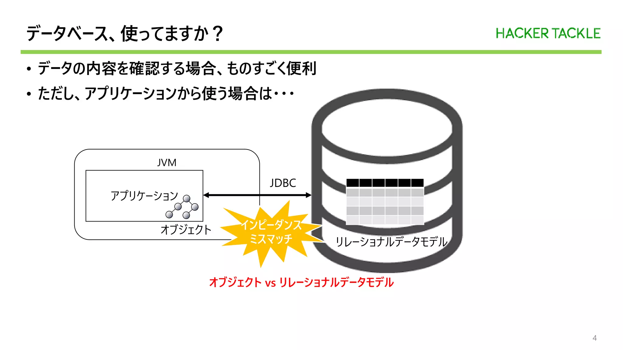 データベース、使ってますか？
• データの内容を確認する場合、ものすごく便利
• ただし、アプリケーションから使う場合は・・・
4
JVM
アプリケーション
JDBC
リレーショナルデータモデル
オブジェクト インピーダンス
ミスマッチ
オブジェクト vs リレーショナルデータモデル
 