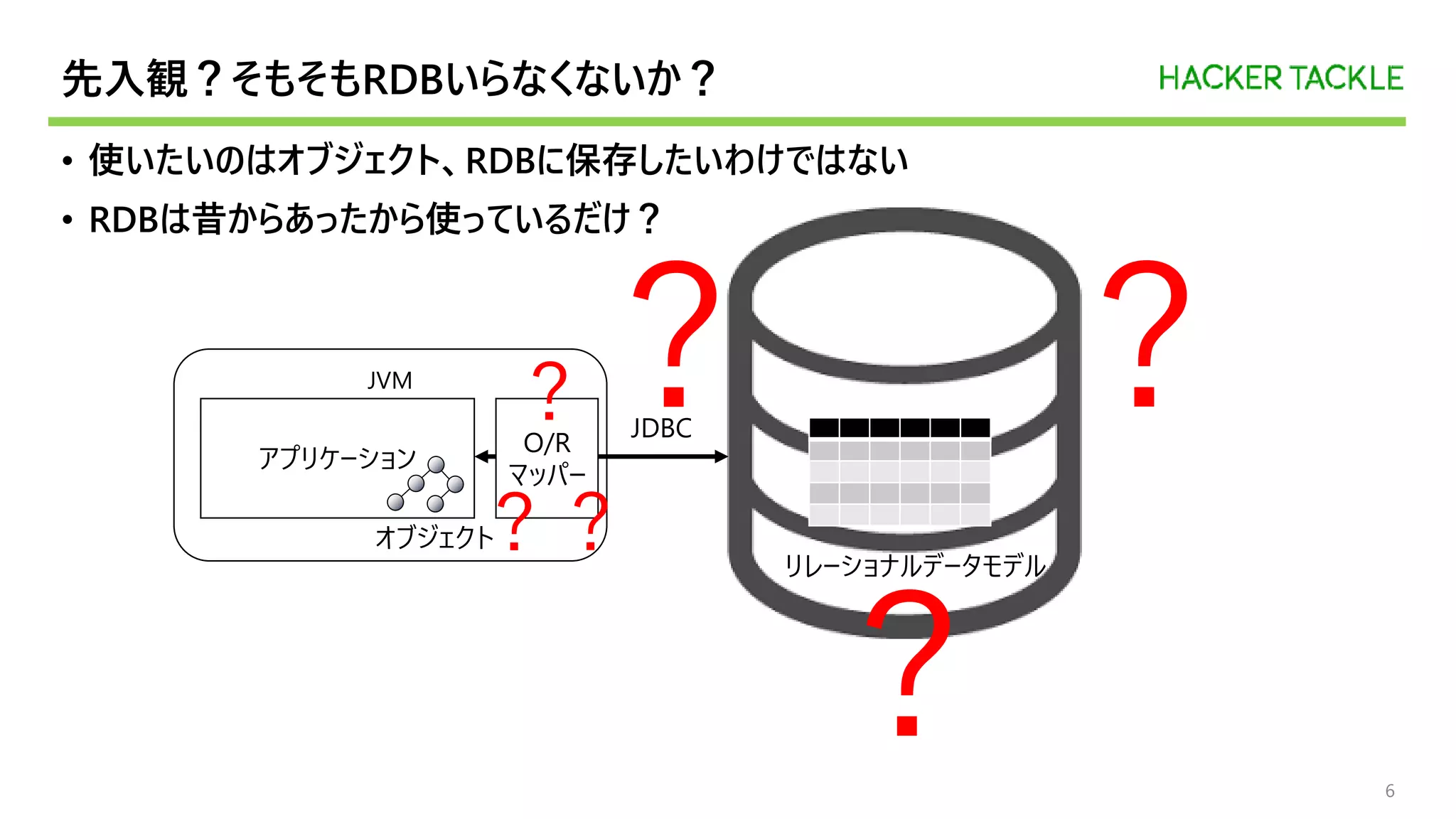 先入観？そもそもRDBいらなくないか？
• 使いたいのはオブジェクト、RDBに保存したいわけではない
• RDBは昔からあったから使っているだけ？
6
JVM
アプリケーション
JDBC
リレーショナルデータモデル
オブジェクト
O/R
マッパー
？？
？
？？
？
 