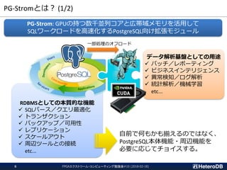 データ解析基盤としての用途
 バッチ／レポーティング
 ビジネスインテリジェンス
 異常検知／ログ解析
 統計解析／機械学習
etc...
RDBMSとしての本質的な機能
 SQLパース／クエリ最適化
 トランザクション
 バックアップ／可用性
 レプリケーション
 スケールアウト
 周辺ツールとの接続
etc...
PG-Stromとは？ (1/2)
一部処理のオフロード
PG-Strom: GPUの持つ数千並列コアと広帯域メモリを活用して
SQLワークロードを高速化するPostgreSQL向け拡張モジュール
自前で何もかも揃えるのではなく、
PostgreSQL本体機能・周辺機能を
必要に応じてチョイスする。
FPGAエクストリーム・コンピューティング勉強会#10 (2018-02-18)6
 