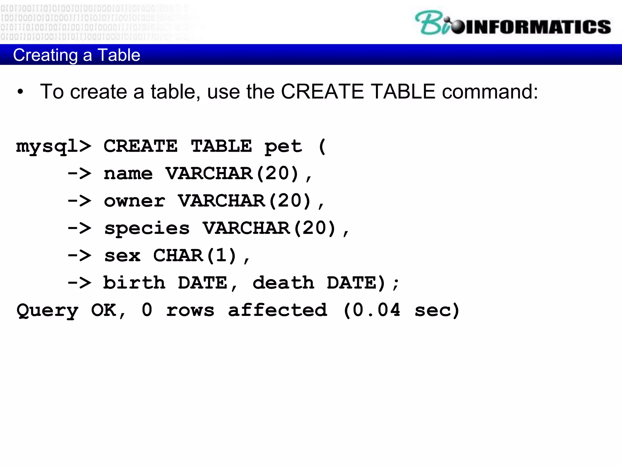 Creating a Table
• To create a table, use the CREATE TABLE command:
mysql> CREATE TABLE pet (
-> name VARCHAR(20),
-> owner VARCHAR(20),
-> species VARCHAR(20),
-> sex CHAR(1),
-> birth DATE, death DATE);
Query OK, 0 rows affected (0.04 sec)
 