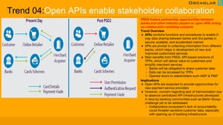 Trend 04:Open APIs enable stakeholder collaboration
Trend Overview
● APIs combine functions and procedures to enable 2-
way data sharing between banks and 3rd parties in
secure, scalable, and accelerated manner
● APIs are pivotal to collecting information from different
banks, which helps in development of new and
improved customized services
● Main benefits from PSD2; API-based solutions of
TPPs, which will deliver value to customers and
simplify merchant services
○ Banks will be obligated to share customer data
○ Data can be accessed by TPPs
○ Opened doors to stakeholders such AISP & PISP
Implications
● Open APIs are expected to provide opportunities for
new payment service providers
● However, concern regarding lack of harmonization due
to absence centralized API infrastructures developed
in silos by banking communities such as Berlin Group-
challenge yet to be addressed:
○ Collaborative ecosystem’s lack of accountability
could threaten sensitive customer data, especially
with opening up of banking infrastructure
PSD2 fosters partnership opportunities between
banks and other industry players w/ open APIs acting
as collaboration-enabling catalysts
 