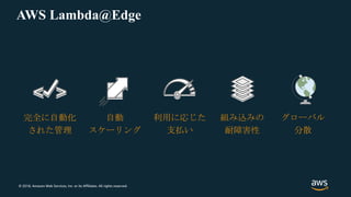 © 2018, Amazon Web Services, Inc. or its Affiliates. All rights reserved.
AWS Lambda@Edge
グローバル
分散
利用に応じた
支払い
組み込みの
耐障害性
完全に自動化
された管理
自動
スケーリング
 