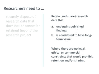 Researchers need to …
securely dispose of
research data that
does not or cannot be
retained beyond the
research project
Retain (and share) research
data that:
a. underpins published
findings
b. is considered to have long-
term value.
Where there are no legal,
ethical or commercial
constraints that would prohibit
retention and/or sharing.
 