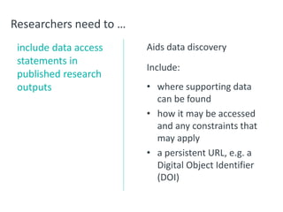 Researchers need to …
include data access
statements in
published research
outputs
Aids data discovery
Include:
• where supporting data
can be found
• how it may be accessed
and any constraints that
may apply
• a persistent URL, e.g. a
Digital Object Identifier
(DOI)
 