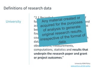Definitions of research data
University
“2.1 Recorded material, irrespective of
format or media, commonly retained and
accepted in the academic community as
being necessary to validate research
findings. Created or acquired in the
course of the research process, research
data will be the recorded facts,
observations, measurements,
computations, statistics and results that
underpin the research paper and grant
or project outcomes.”
University RDM Policy
www.york.ac.uk/rdm-policy
 