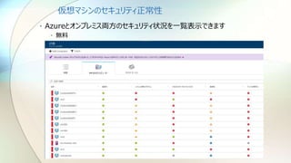 仮想マシンのセキュリティ正常性
• Azureとオンプレミス両方のセキュリティ状況を一覧表示できます
• 無料
 
