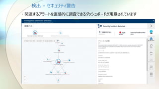 検出 – セキュリティ警告
• 関連するアラートを直感的に調査できるダッシュボードが用意されています
 