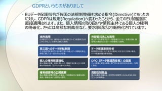 GDPRというものがありまして
• EUデータ保護指令が各国の法規制整備を求める指令(Directive)であったの
に対し、GDPRは規則(Regulation)へ変わったことから、全てのEU加盟国に
直接適用されます。また、個人情報の取り扱いや情報主体である個人の権利
の明確化、さらには高額な制裁金など、要求事項がより厳格化されています。
域外適用
EU域内だけでなく、域外からEU居住者にサービスを提供又はモ
ニタリングをしている海外企業にも適用。
第三国へのデータ移転制限
十分性認定を受けていない第三国への個人データ移転を禁止。
移転に際しては一定の対応が必要。
個人の権利保護強化
個人情報の収集、利用に際しての、情報主体(個人)による明
確な同意取得。「忘れられる権利」も明記。
権利侵害時の公開義務
個人情報の侵害が発生した場合、72時間以内に監督当局に
報告。情報主体にも遅滞なく通知。
外部委託先にも適用
個人データを管理するデータ管理者だけでなく、処理(収集、保
管等)の委託先となるデータ処理者にも適用。
データ保護影響分析
新技術の利用によって個人の権利に対するリスクが高い場合、
データ保護影響分析を実施。
DPO（データ保護責任者）の設置
データ保護に関する知識、専門性を有するDPOを任命し、当局
に通知。
高額な制裁金
重大な違反企業には、全世界の年間売上の4%又は2,000
万ユーロの制裁金。
 