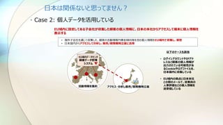 日本は関係ないと思ってません？
• Case 2: 個人データを活用している
EU域内データセンタ
顧客データ管理
システム
活動情報を集約 アクセス・分析し販売/開発戦略立案
• 海外子会社を通じて収集した、顧客の活動情報や課金傾向等を含む個人情報をEU域内で収集し、保管
• 日本国内からアクセスして分析し、販売/開発戦略立案に活用
以下のケースも該当
• ログインアカウントやIPアド
レスなど顧客の個人情報が
出力されている可能性があ
るCookieやログファイルを、
日本国内に収集している
• EU域内の拠点と日本本社
との間のメールで、従業員の
人事評価などの個人情報を
送受信している
EU域内に設定してある子会社が収集した顧客の個人情報に、日本の本社からアクセスして端末に個人情報を
表示する
 