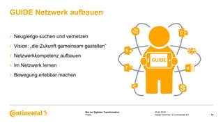 Public
Mut zur Digitalen Transformation
› Neugierige suchen und vernetzen
› Vision: „die Zukunft gemeinsam gestalten“
› Netzwerkkompetenz aufbauen
› Im Netzwerk lernen
› Bewegung erlebbar machen
GUIDE Netzwerk aufbauen
25.02.2018
14Harald Schirmer, © Continental AG
 