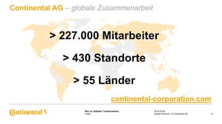 Public
Mut zur Digitalen Transformation 25.02.2018
2Harald Schirmer, © Continental AG
> 227.000 Mitarbeiter
> 430 Standorte
> 55 Länder
Continental AG – globale Zusammenarbeit
continental-corporation.com
 