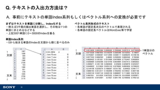 30
Q. テキストの入出力方法は？
A. 事前にテキストの単語Index系列もしくはベクトル系列への変換が必要です
ベクトル系列形式のテキスト
・各単語が固定長次元のベクトルで表現される
・各単語の固定長ベクトルはWord2vec等で学習
単語Index系列
・0から始まる単語のIndexを文頭から順に並べるのみ
まずはテキストを単語に分割し、Index化する
・例えば3千個の頻出単語を選択し、その他は1つの
単語にまとめるなどする
・上記3001単語に0～3000のIndexを振る
文末
↓
↑
文頭
文末
↓
↑
文頭
←1単語分の
ベクトル
 