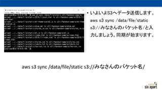 ? 褤S3إǩ`Ťޤ
aws s3 sync /data/file/static
s3://ߤʤΥХå/
ޤ礦ͬڤʼޤޤ
aws s3 sync /data/file/static s3://ߤʤΥХå/
 
