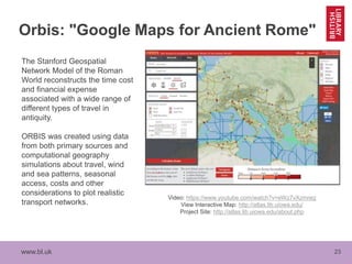 www.bl.uk 23
Orbis: "Google Maps for Ancient Rome"
Video: https://www.youtube.com/watch?v=eWz7vXzmreg
View Interactive Map: http://atlas.lib.uiowa.edu/
Project Site: http://atlas.lib.uiowa.edu/about.php
The Stanford Geospatial
Network Model of the Roman
World reconstructs the time cost
and financial expense
associated with a wide range of
different types of travel in
antiquity.
ORBIS was created using data
from both primary sources and
computational geography
simulations about travel, wind
and sea patterns, seasonal
access, costs and other
considerations to plot realistic
transport networks.
 