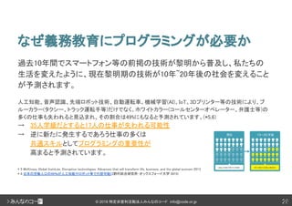 28© 2018 特定非営利活動法人みんなのコード info@code.or.jp
なぜ義務教育にプログラミングが必要か
28
過去10年間でスマートフォン等の前掲の技術が黎明から普及し、私たちの
生活を変えたように、現在黎明期の技術が10年~20年後の社会を変えること
が予測されます。
人工知能、音声認識、先端ロボット技術、自動運転車、機械学習(AI)、IoT、3Dプリンター等の技術により、ブ
ルーカラー(タクシー、トラック運転手等)だけでなく、ホワイトカラー(コールセンターオペレーター、弁護士等)の
多くの仕事も失われると見込まれ、その割合は49%にもなると予測されています。(*5,6)
→ 35人学級だとすると17人の仕事が失われる可能性
→ 逆に新たに発生するであろう仕事の多くは
　 共通スキルとしてプログラミングの重要性が
高まると予測されています。
* 5 McKinsey Global Institute, Disruptive technologies: Advances that will transform life, business, and the global econom 2013
* 6 日本の労働人口の49％が人工知能やロボット等で代替可能に(野村総合研究所・オックスフォード大学 2015)
 