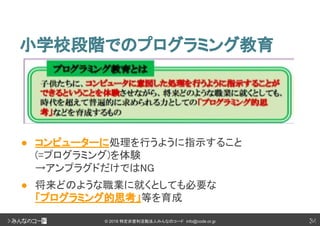 34© 2018 特定非営利活動法人みんなのコード info@code.or.jp
● コンピューターに処理を行うように指示すること
(=プログラミング)を体験
→アンプラグドだけではNG
● 将来どのような職業に就くとしても必要な
「プログラミング的思考」等を育成
小学校段階でのプログラミング教育
34
 