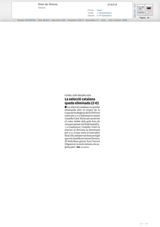 01/03/18Diari de Girona
Gerona
Prensa: Diaria
Tirada: 7.199 Ejemplares
Difusión: 5.174 Ejemplares
Página: 39
Sección: DEPORTES Valor: 64,00 € Área (cm2): 32,8 Ocupación: 3,42 % Documento: 1/1 Autor: Núm. Lectores: 14000
Cód:116457993
12 / 23
 