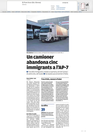 01/03/18El Punt Avui (Ed. Girona)
Gerona
Prensa: Diaria
Tirada: 10.463 Ejemplares
Difusión: 8.653 Ejemplares
Página: 38
Sección: LOCAL Valor: 2.297,00 € Área (cm2): 398,2 Ocupación: 46,85 % Documento: 1/1 Autor: Òscar Pinilla / ACN CAPMANY Núm. Lectores: 34612
Cód:116450973
19 / 23
 