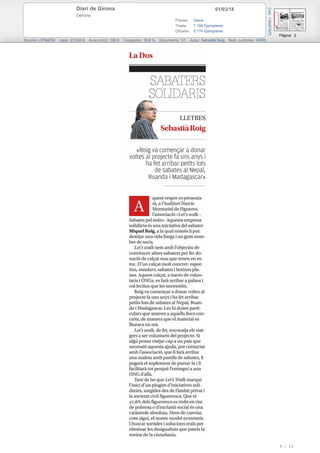 01/03/18Diari de Girona
Gerona
Prensa: Diaria
Tirada: 7.199 Ejemplares
Difusión: 5.174 Ejemplares
Página: 2
Sección: OPINIÓN Valor: 313,00 € Área (cm2): 155,8 Ocupación: 16,6 % Documento: 1/1 Autor: Sebastià Roig Núm. Lectores: 14000
Cód:116457873
9 / 23
 