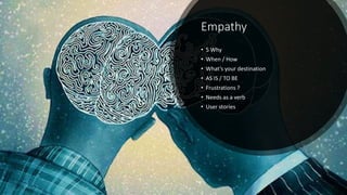 Empathy
• 5 Why
• When / How
• What’s your destination
• AS IS / TO BE
• Frustrations ?
• Needs as a verb
• User stories
 