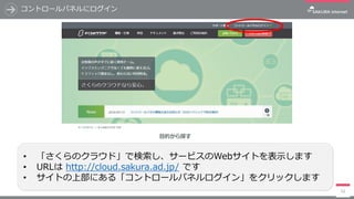 コントロールパネルにログイン
52
• 「さくらのクラウド」で検索し、サービスのWebサイトを表示します
• URLは http://cloud.sakura.ad.jp/ です
• サイトの上部にある「コントロールパネルログイン」をクリックし...