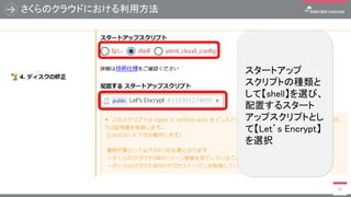 さくらのクラウドにおける利用方法
49
スタートアップ
スクリプトの種類と
して【shell】を選び、
配置するスタート
アップスクリプトとし
て【Let’s Encrypt】
を選択
 