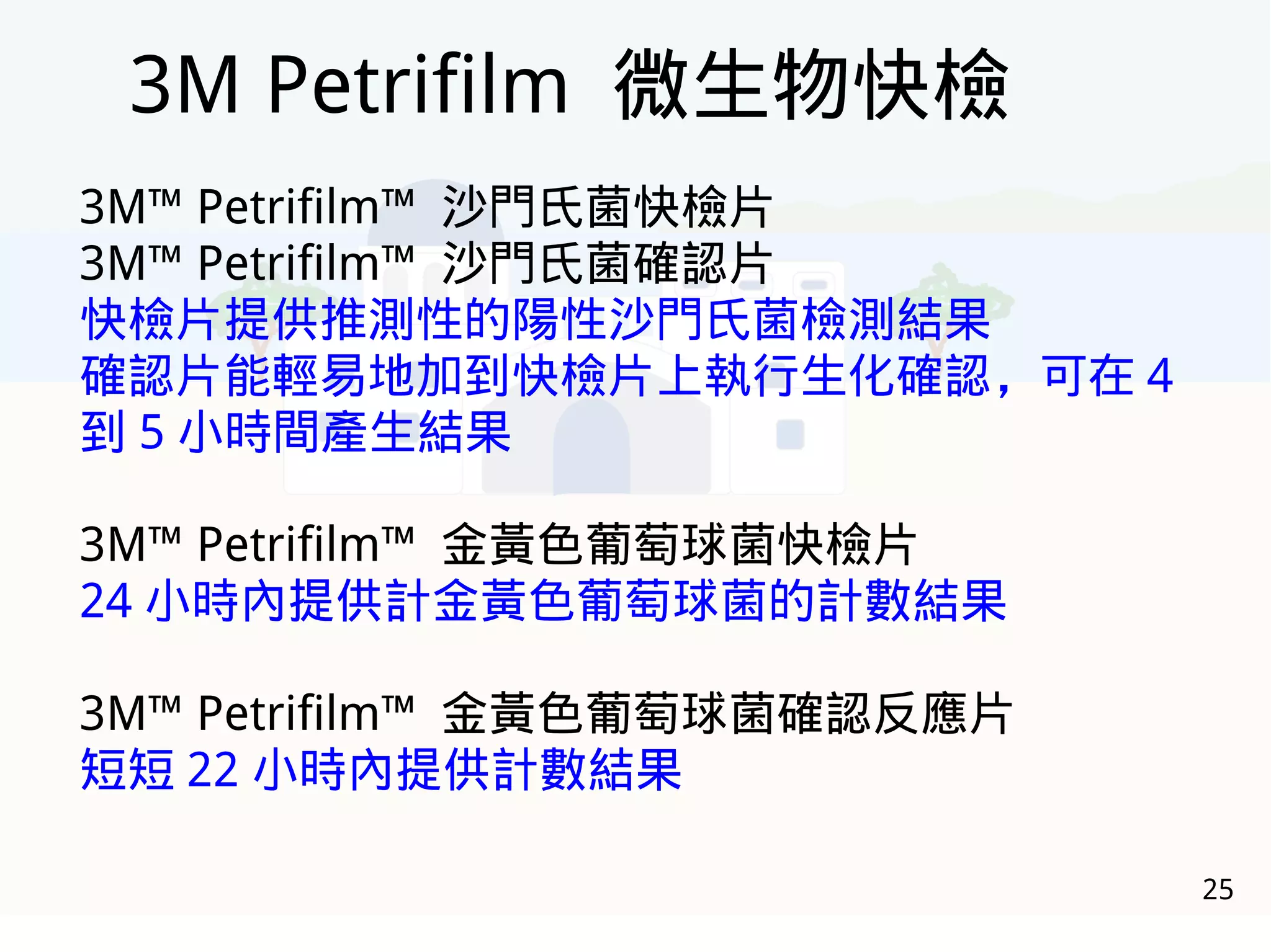 25
3M™ Petrifilm™ 沙門氏菌快檢片
3M™ Petrifilm™ 沙門氏菌確認片
快檢片提供推測性的陽性沙門氏菌檢測結果
確認片能輕易地加到快檢片上執行生化確認，可在 4
到 5 小時間產生結果
3M™ Petrifilm™ 金黃色葡萄球菌快檢片
24 小時內提供計金黃色葡萄球菌的計數結果
3M™ Petrifilm™ 金黃色葡萄球菌確認反應片
短短 22 小時內提供計數結果
3M Petrifilm 微生物快檢
 
