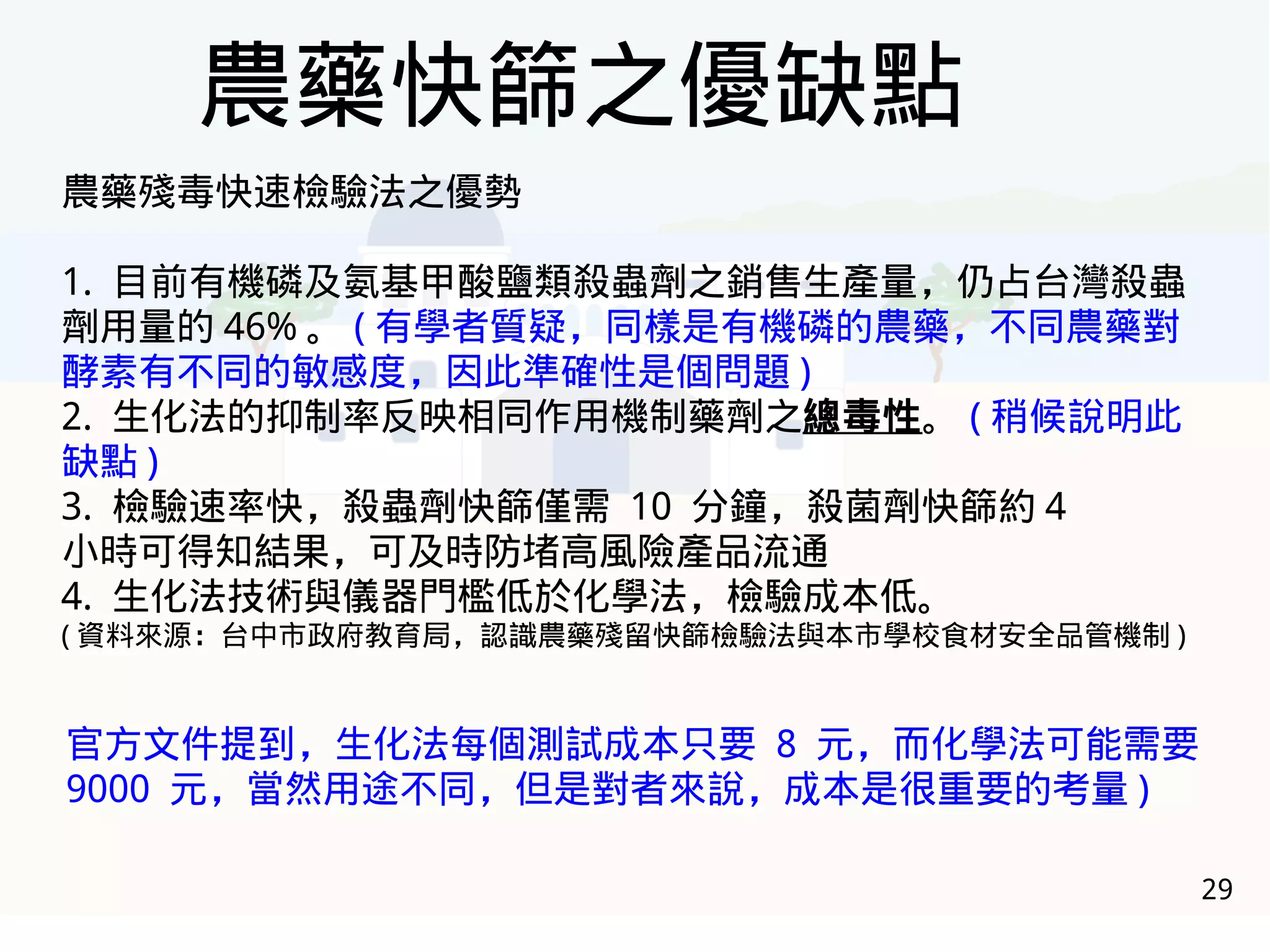 29
農藥快篩之優缺點
農藥殘毒快速檢驗法之優勢
1. 目前有機磷及氨基甲酸鹽類殺蟲劑之銷售生產量，仍占台灣殺蟲
劑用量的 46% 。 ( 有學者質疑，同樣是有機磷的農藥，不同農藥對
酵素有不同的敏感度，因此準確性是個問題 )
2. 生化法的抑制率反映相同作用機制藥劑之總毒性。 ( 稍候說明此
缺點 )
3. 檢驗速率快，殺蟲劑快篩僅需 10 分鐘，殺菌劑快篩約 4
小時可得知結果，可及時防堵高風險產品流通
4. 生化法技術與儀器門檻低於化學法，檢驗成本低。
( 資料來源：台中市政府教育局，認識農藥殘留快篩檢驗法與本市學校食材安全品管機制 )
官方文件提到，生化法每個測試成本只要 8 元，而化學法可能需要
9000 元，當然用途不同，但是對者來說，成本是很重要的考量 )
 