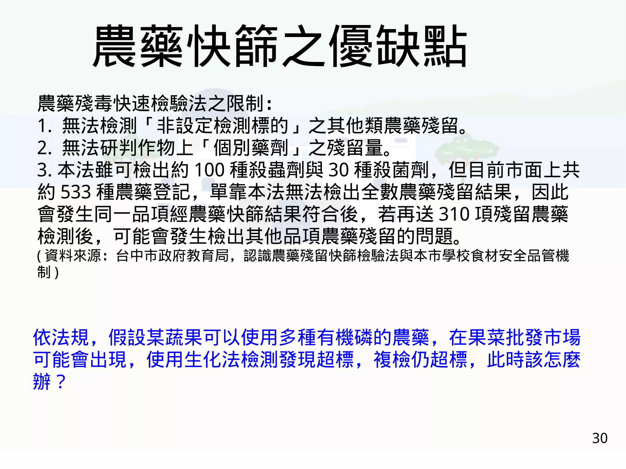 30
農藥快篩之優缺點
農藥殘毒快速檢驗法之限制：
1. 無法檢測「非設定檢測標的」之其他類農藥殘留。
2. 無法研判作物上「個別藥劑」之殘留量。
3. 本法雖可檢出約 100 種殺蟲劑與 30 種殺菌劑，但目前市面上共
約 533 種農藥登記，單靠本法無法檢出全數農藥殘留結果，因此
會發生同一品項經農藥快篩結果符合後，若再送 310 項殘留農藥
檢測後，可能會發生檢出其他品項農藥殘留的問題。
( 資料來源：台中市政府教育局，認識農藥殘留快篩檢驗法與本市學校食材安全品管機
制 )
依法規，假設某蔬果可以使用多種有機磷的農藥，在果菜批發市場
可能會出現，使用生化法檢測發現超標，複檢仍超標，此時該怎麼
辦？
 