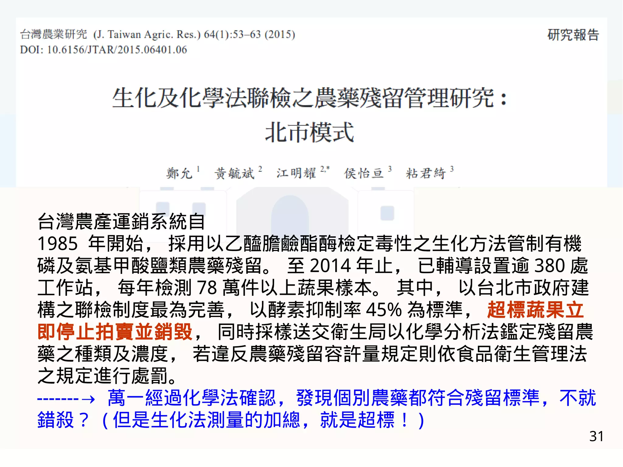 31
台灣農產運銷系統自
1985 年開始， 採用以乙醯膽鹼酯酶檢定毒性之生化方法管制有機
磷及氨基甲酸鹽類農藥殘留。 至 2014 年止， 已輔導設置逾 380 處
工作站， 每年檢測 78 萬件以上蔬果樣本。 其中， 以台北市政府建
構之聯檢制度最為完善， 以酵素抑制率 45% 為標準， 超標蔬果立
即停止拍賣並銷毀， 同時採樣送交衛生局以化學分析法鑑定殘留農
藥之種類及濃度， 若違反農藥殘留容許量規定則依食品衛生管理法
之規定進行處罰。
-------→ 萬一經過化學法確認，發現個別農藥都符合殘留標準，不就
錯殺？ ( 但是生化法測量的加總，就是超標！ )
 