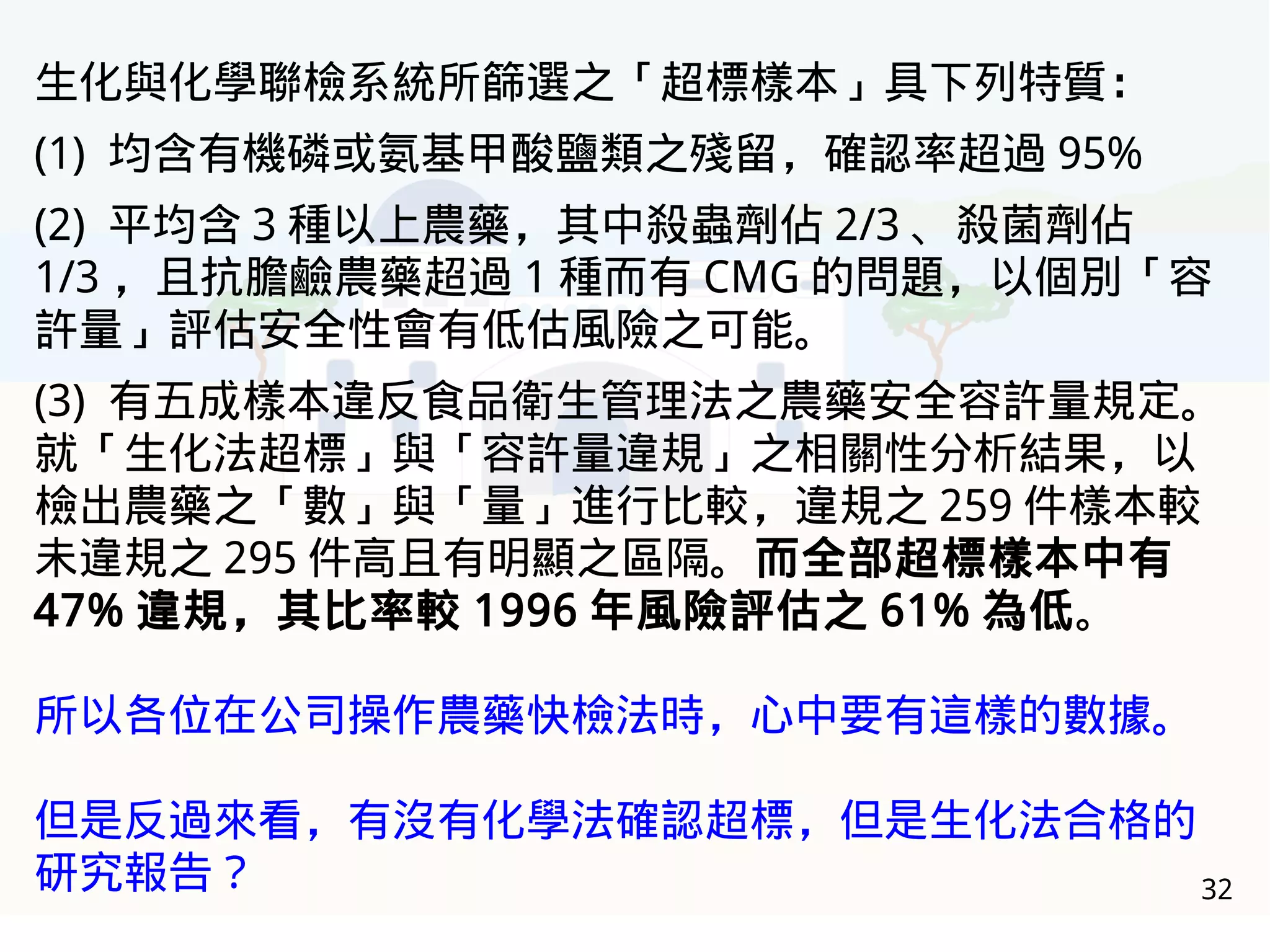 32
生化與化學聯檢系統所篩選之「超標樣本」具下列特質：
(1) 均含有機磷或氨基甲酸鹽類之殘留，確認率超過 95%
(2) 平均含 3 種以上農藥，其中殺蟲劑佔 2/3 、殺菌劑佔
1/3 ，且抗膽鹼農藥超過 1 種而有 CMG 的問題，以個別「容
許量」評估安全性會有低估風險之可能。
(3) 有五成樣本違反食品衛生管理法之農藥安全容許量規定。
就「生化法超標」與「容許量違規」之相關性分析結果，以
檢出農藥之「數」與「量」進行比較，違規之 259 件樣本較
未違規之 295 件高且有明顯之區隔。而全部超標樣本中有
47% 違規，其比率較 1996 年風險評估之 61% 為低。
所以各位在公司操作農藥快檢法時，心中要有這樣的數據。
但是反過來看，有沒有化學法確認超標，但是生化法合格的
研究報告？
 