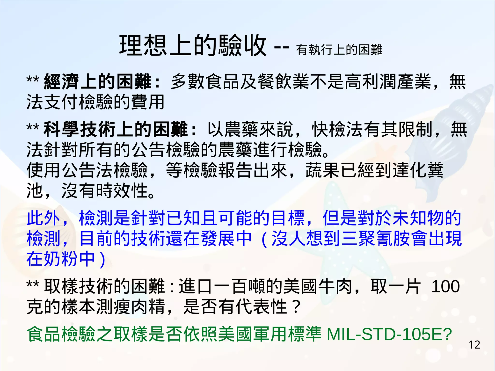 12
** 經濟上的困難：多數食品及餐飲業不是高利潤產業，無
法支付檢驗的費用
** 科學技術上的困難：以農藥來說，快檢法有其限制，無
法針對所有的公告檢驗的農藥進行檢驗。
使用公告法檢驗，等檢驗報告出來，蔬果已經到達化糞
池，沒有時效性。
此外，檢測是針對已知且可能的目標，但是對於未知物的
檢測，目前的技術還在發展中 ( 沒人想到三聚氰胺會出現
在奶粉中 )
** 取樣技術的困難 : 進口一百噸的美國牛肉，取一片 100
克的樣本測瘦肉精，是否有代表性？
食品檢驗之取樣是否依照美國軍用標準 MIL-STD-105E?
理想上的驗收 -- 有執行上的困難
 