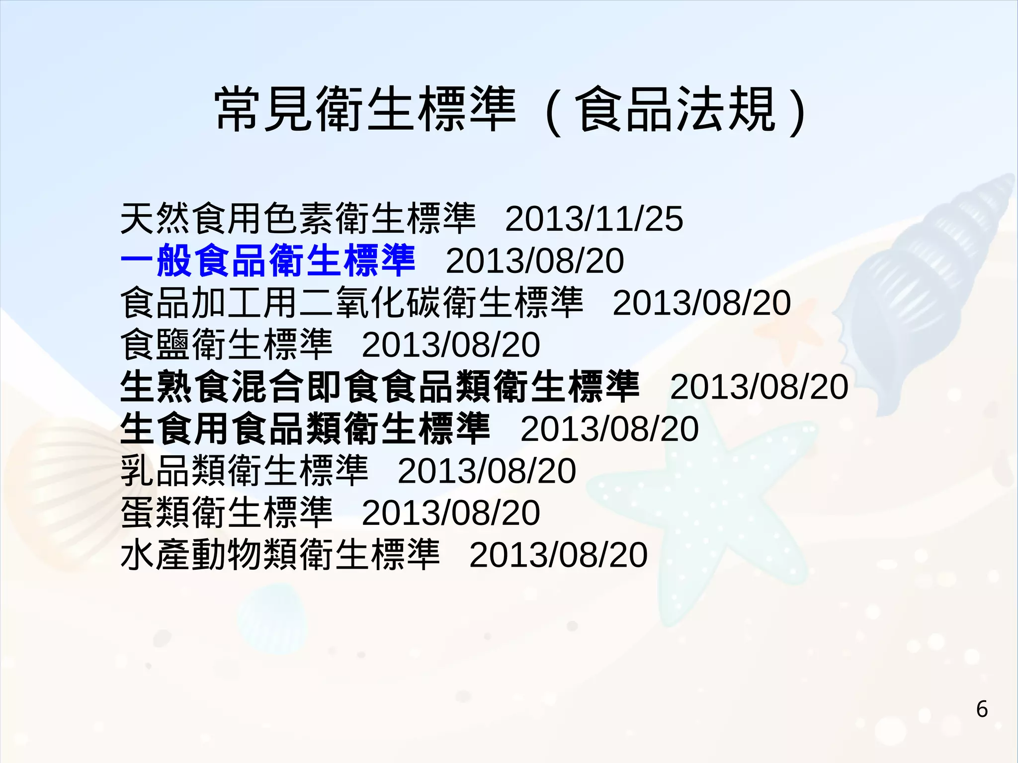 6
天然食用色素衛生標準 2013/11/25
一般食品衛生標準 2013/08/20
食品加工用二氧化碳衛生標準 2013/08/20
食鹽衛生標準 2013/08/20
生熟食混合即食食品類衛生標準 2013/08/20
生食用食品類衛生標準 2013/08/20
乳品類衛生標準 2013/08/20
蛋類衛生標準 2013/08/20
水產動物類衛生標準 2013/08/20
常見衛生標準 ( 食品法規 )
 