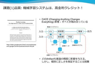 課題(1)品質: 機械学習システムは、高金利クレジット！
• CACE (Changing Anything Changes
Everything) 原理 – すべてが絡み合っている
https://static.googleusercontent.com/media/rese
arch.google.com/en//pubs/archive/43146.pdf
• どのArtifactも推論の精度に影響を与える。
しかし、個別に正しさを保証することは困難
 