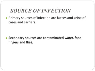SOURCE OF INFECTION
Primary sources of infection are faeces and urine of
cases and carriers.
Secondary sources are contaminated water, food,
fingers and flies.
 