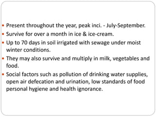  Present throughout the year, peak inci. - July-September.
 Survive for over a month in ice & ice-cream.
 Up to 70 days in soil irrigated with sewage under moist
winter conditions.
 They may also survive and multiply in milk, vegetables and
food.
 Social factors such as pollution of drinking water supplies,
open air defecation and urination, low standards of food
personal hygiene and health ignorance.
 